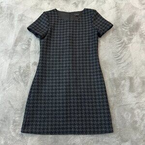 Theory Short Sleeve Shift Dress Houndstooth 100% Wool Size 4 Lined Gray Black